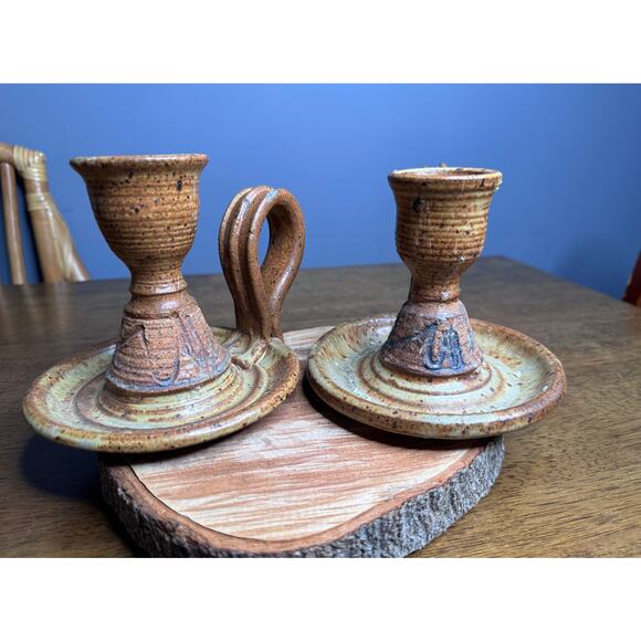 Pair of Vintage Artist Signed Studio Pottery Chamberstick Candle Holders - Picture 2 of 10